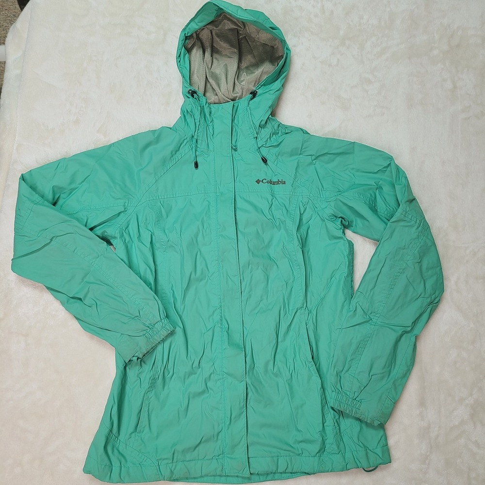 Columbia Jacket Womens Small Green Omni-Tech Hooded Nylon Rain Coat Waterproof